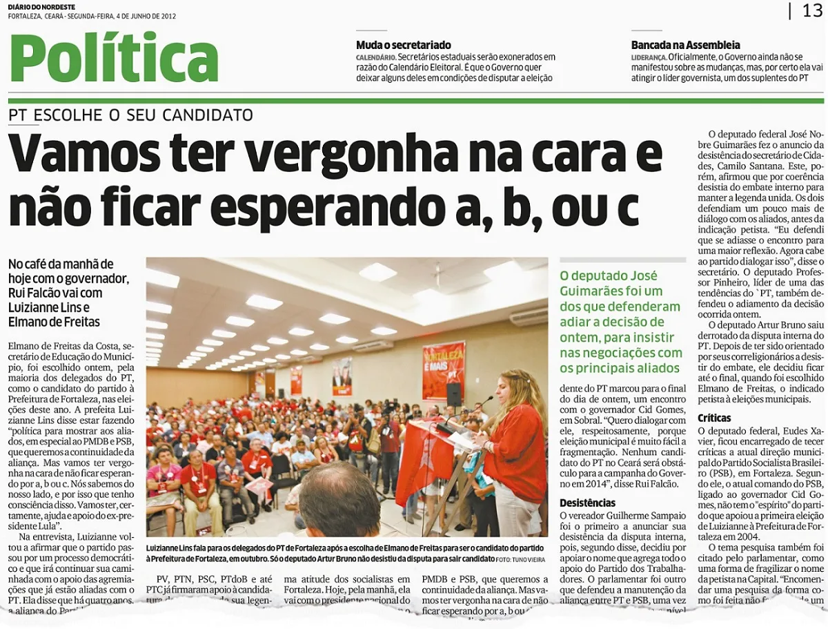 Matéria do Diário do Nordeste do dia 4 de junho de 2012 sobre Encontro Municipal do PT em Fortaleza