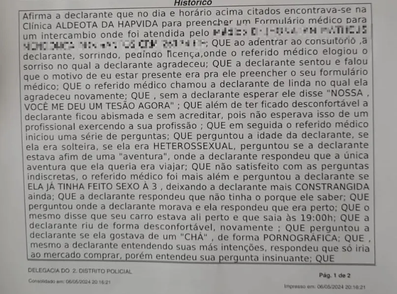 Trecho do boletim de ocorrência registrado pela vítima no 2º DP
