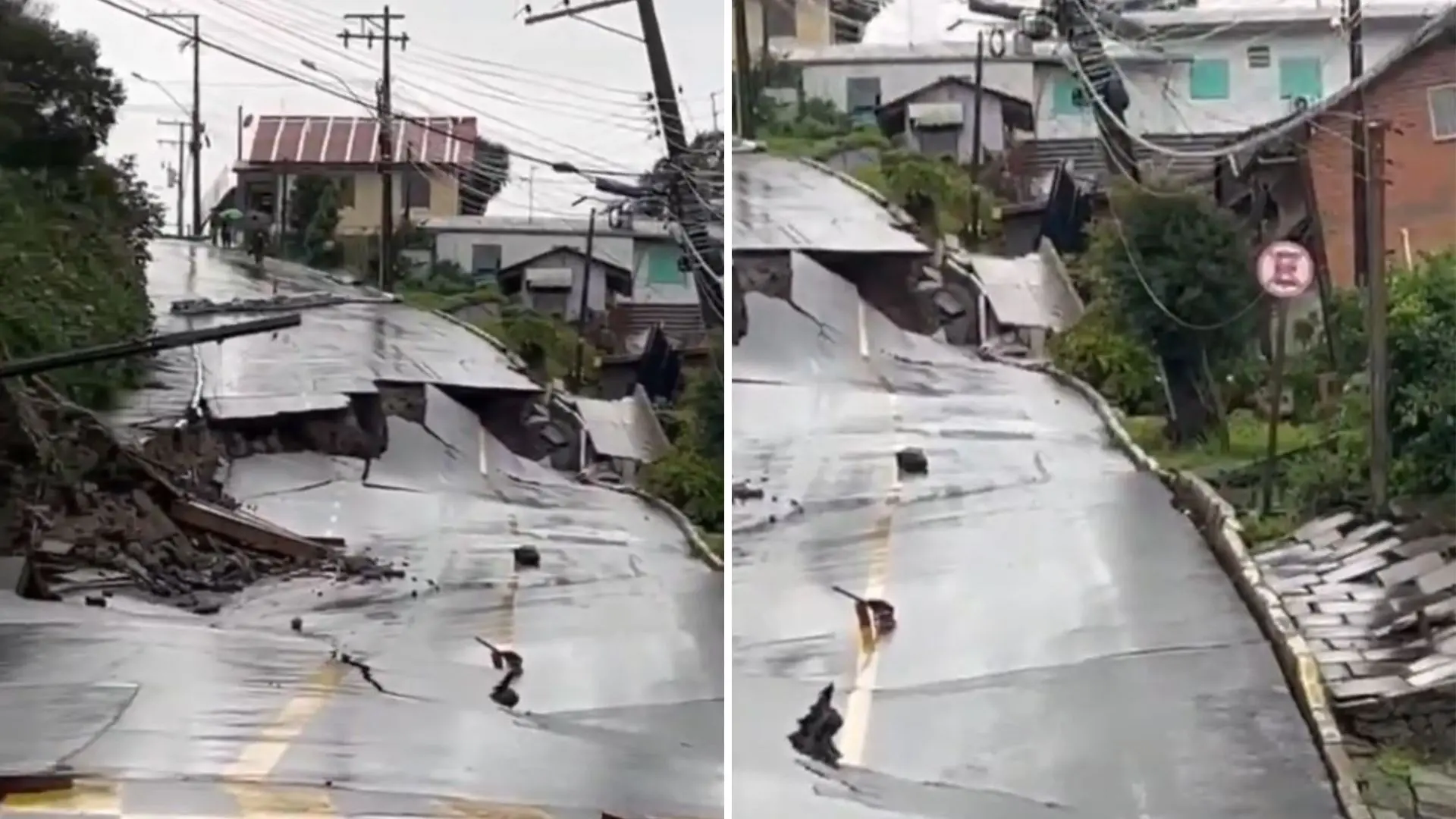 Imagem da notícia: Rua em Gramado sofre desmoronamento após chuva atingir a cidade; veja vídeo
