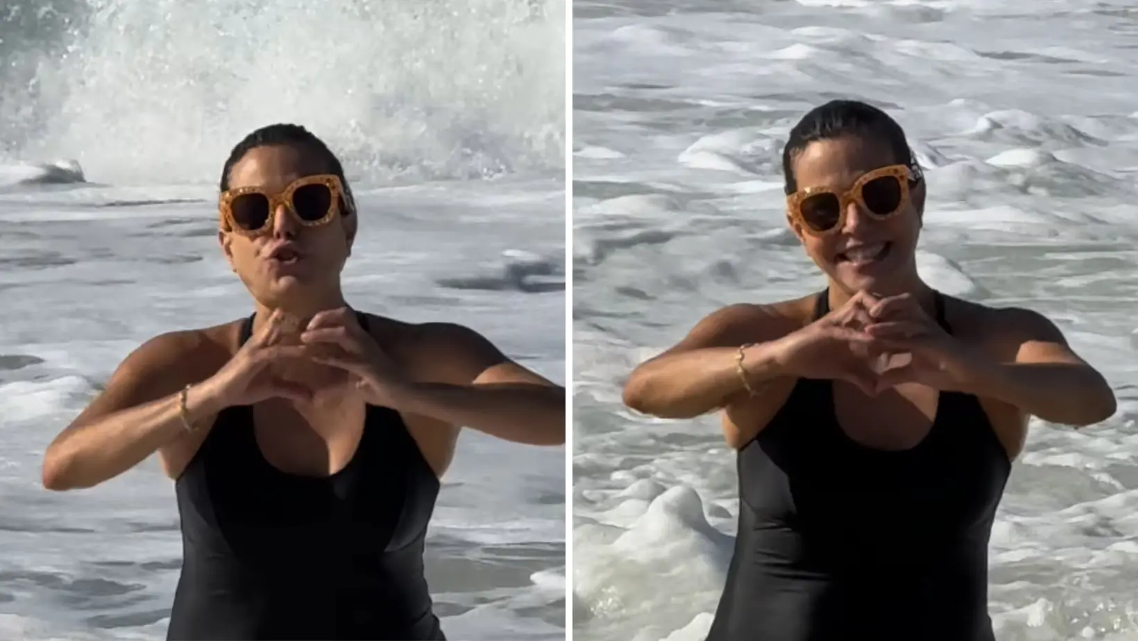 Imagem da notícia: Narcisa Tamborindeguy viraliza ao sair do mar para fazer homenagem ao RS