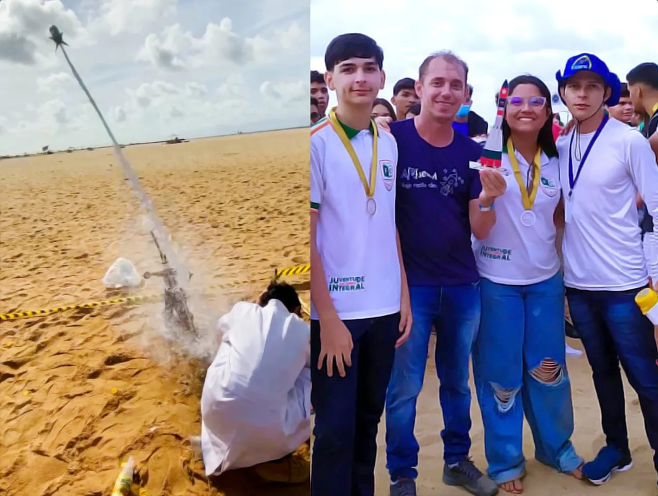 Lançamento do foguete recordista cearense com 425 m (Esquerda). Equipe campeã do Prof. Douglas Holanda ao lado de Bruno Lima de Queiroz e Lara Munik Saldanha da Silva, os campeões da MOCEFOG 2024 do Nível 4.