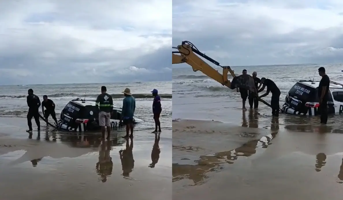 Imagem da notícia: Viatura da PM é 'engolida' pelo mar na Praia de Flecheiras; assista 