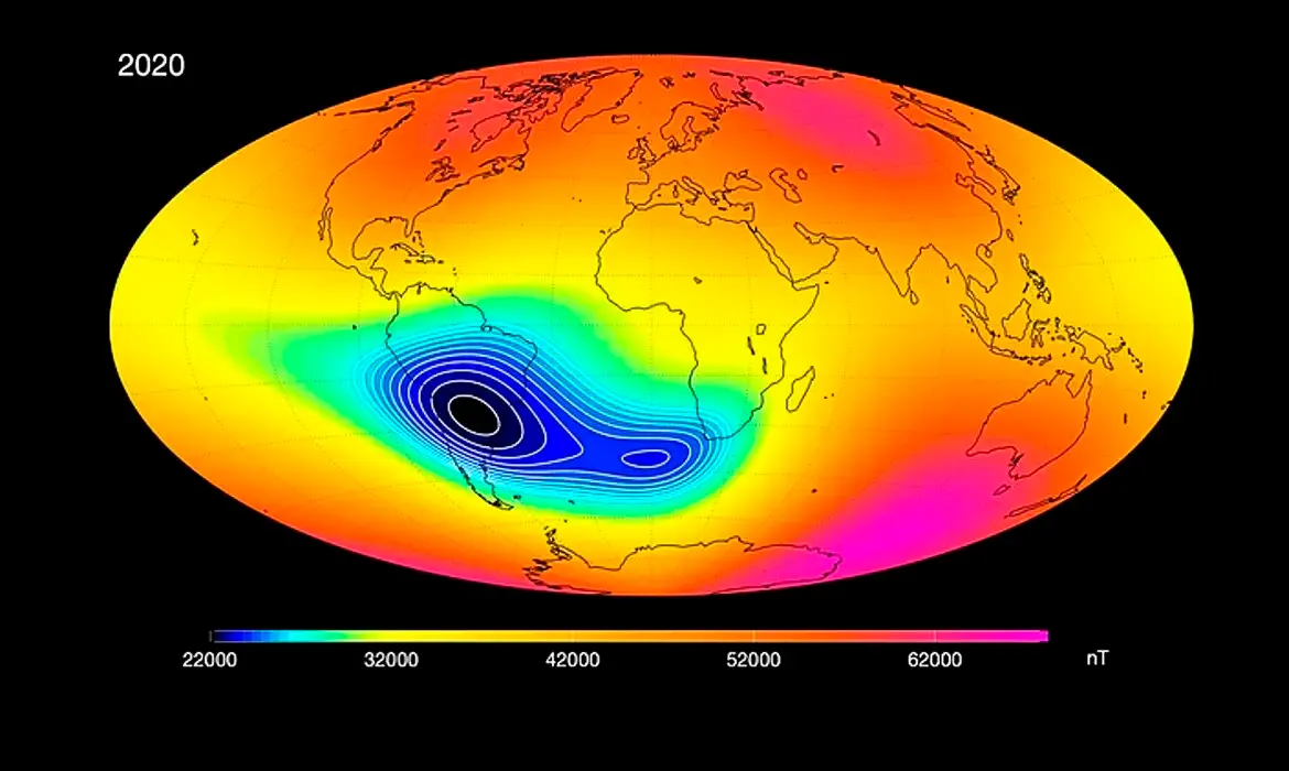 Imagem da notícia: O que é a anomalia magnética que fica sobre o Brasil, está crescendo e é monitorada pela Nasa