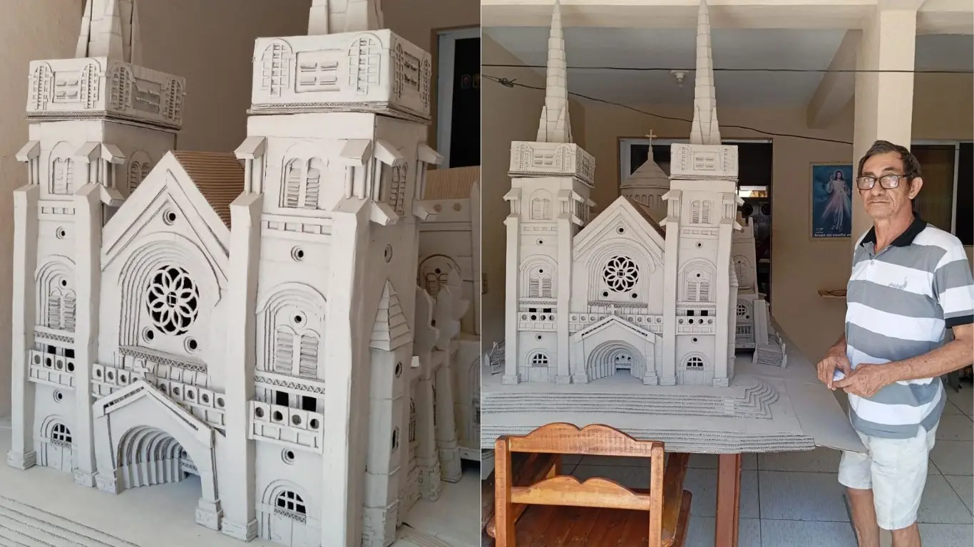 Imagem da notícia: Aposentado constrói réplica de papelão da Catedral de Fortaleza e viraliza na internet; veja fotos
