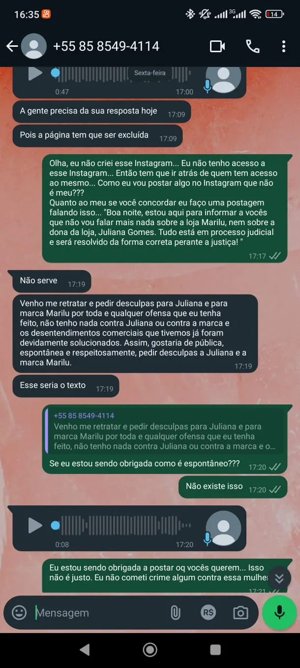 Advogado enviou mensagens para Adriemmily exigindo retratação dela nas redes sociais