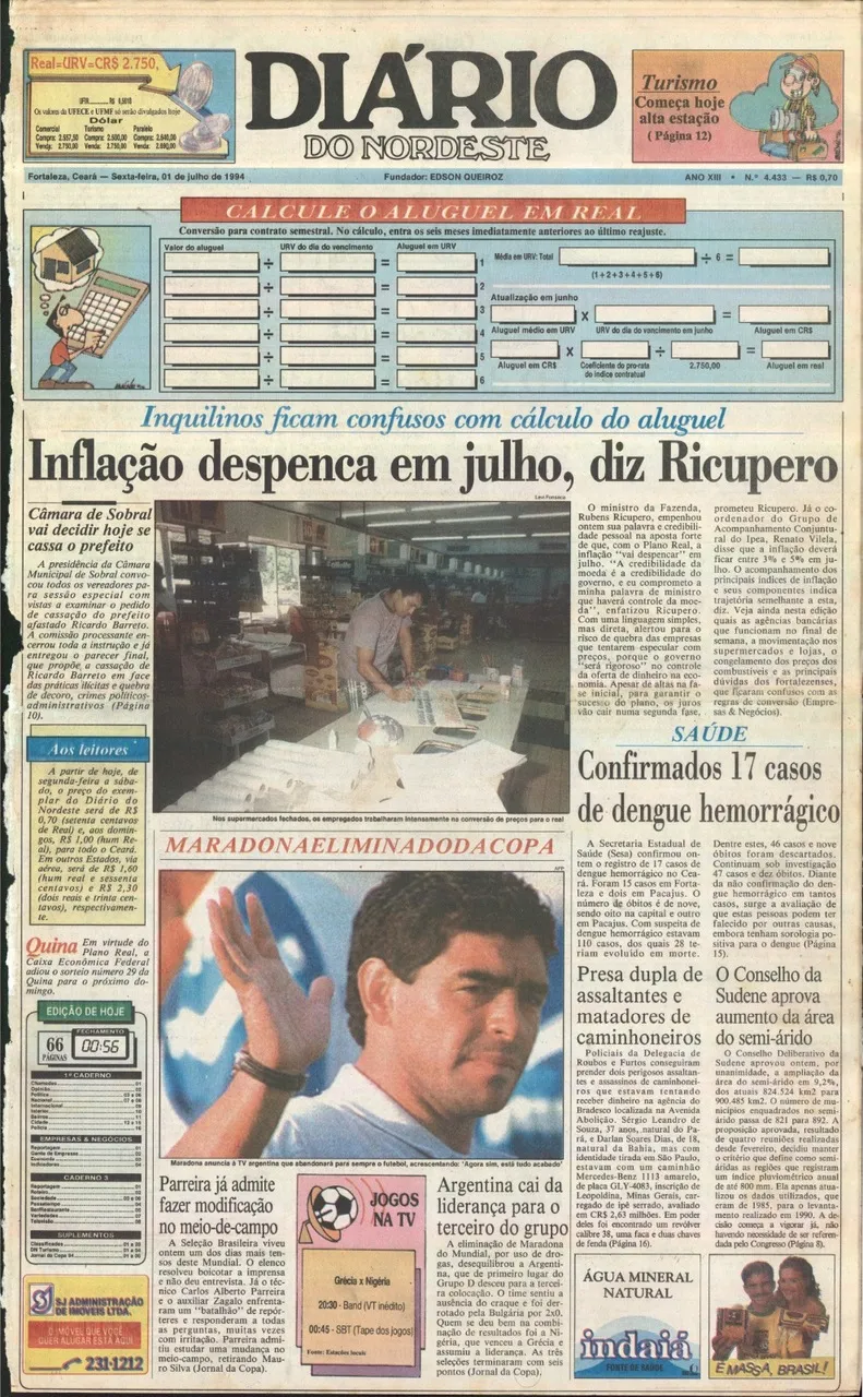 Na capa do Diário do Nordeste de 1º de julho de 1994, a expectativa para a nova moeda e a promessa da inflação 