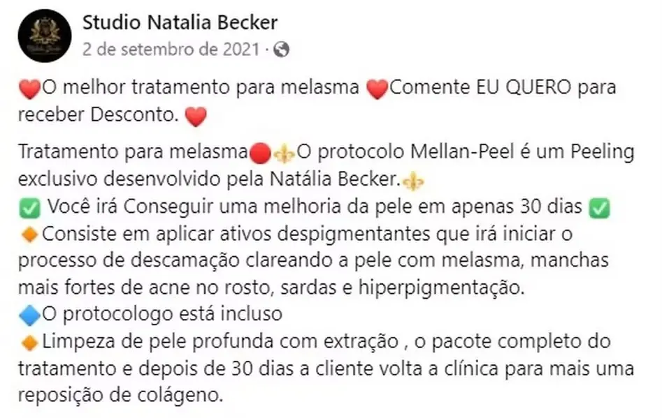 Print de rede social da clínica de estética de Natália Becker