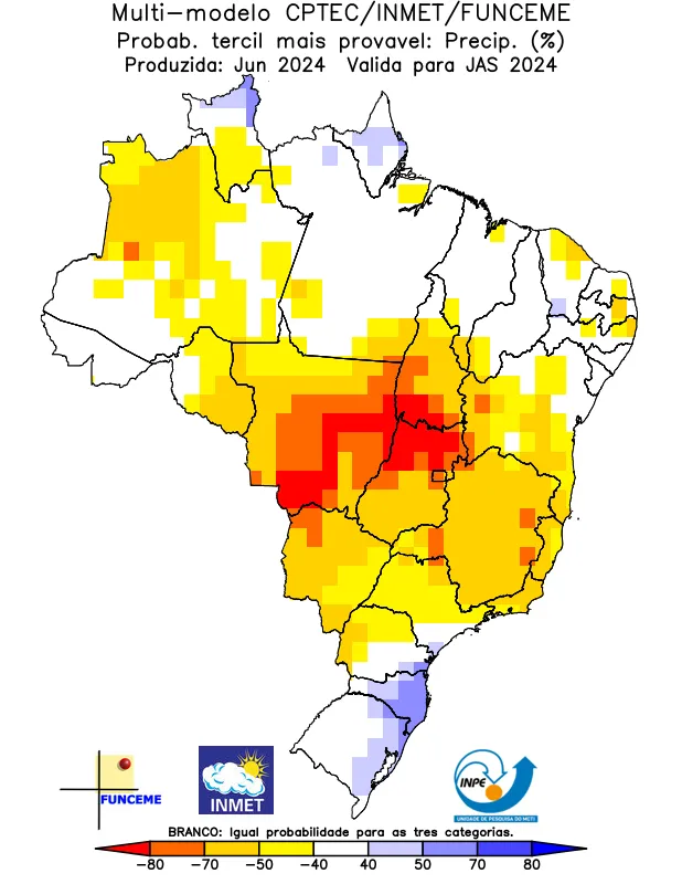 Modelo de precipitações para o trimestre; em áreas em laranja e vermelho, chuvas devem ficar abaixo da média