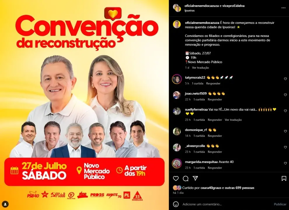 Postagem sobre as convenções partidárias que reuniriam PT e PL em Ipueiras.