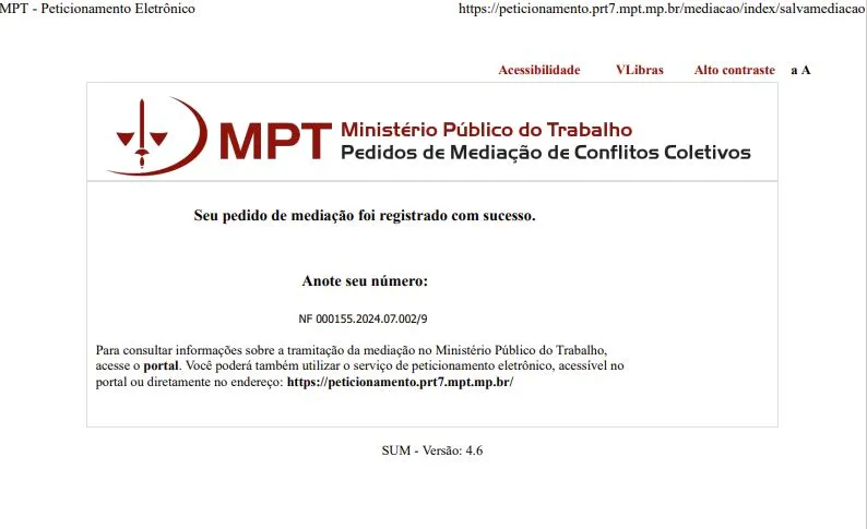 Página de pedido de mediação enviada pelo coordenador de fiscalização do Sintepav-CE, Archimedes Fortes