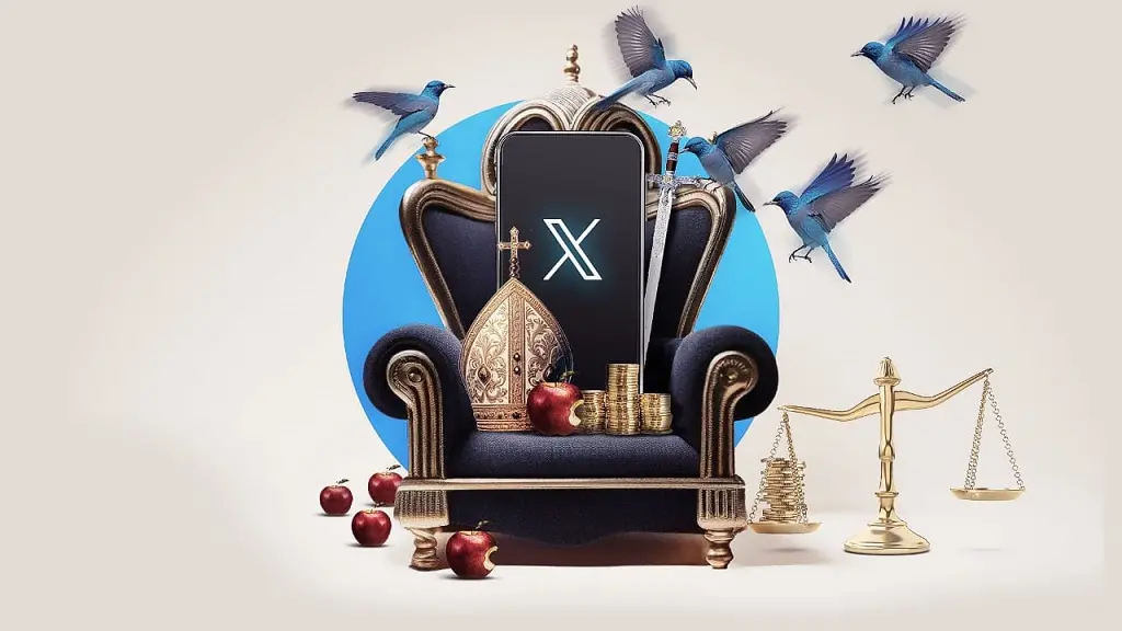 Montagem mostra um celular, com o logo do X, sobre um trono, ao lado de uma coroa e elementos como uma balança