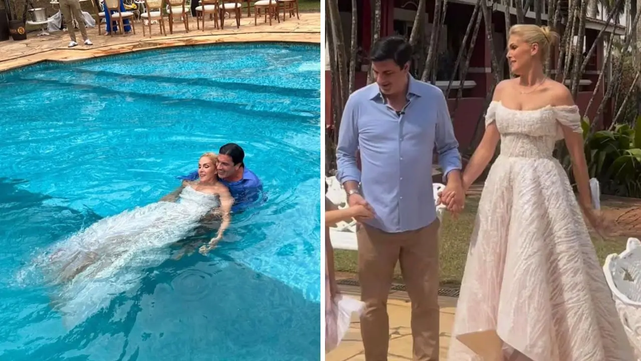 Imagem da notícia: Com vestido de 100 mil pérolas, Ana Hickmann e Edu Guedes pulam em piscina durante noivado