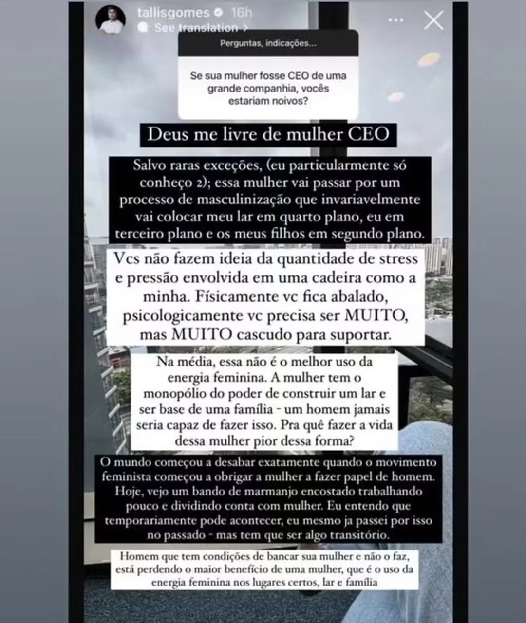 Tallis Gomes fez comentário machista nas redes sociais