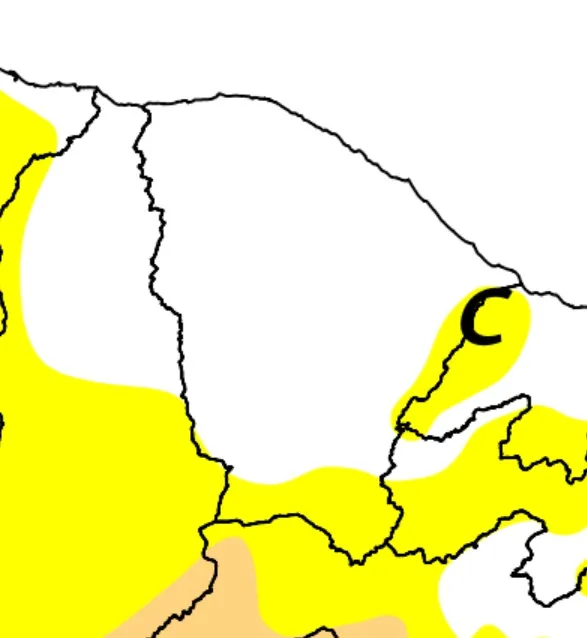 Áreas em amarelo são as atingidas pela seca fraca