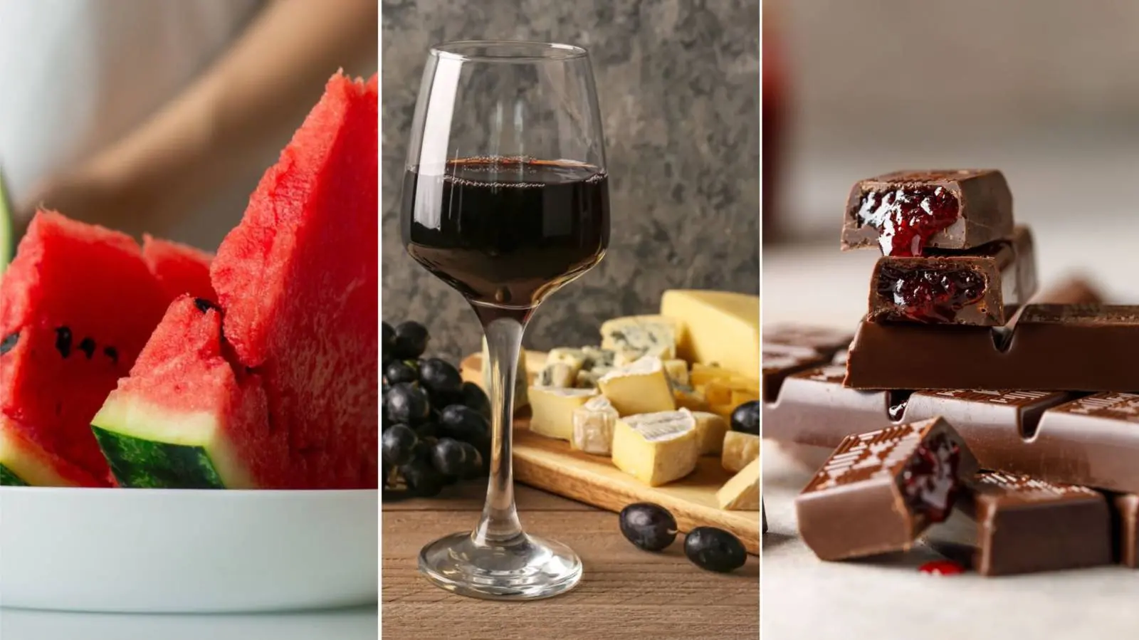 Colagem com imagens de melancia, vinho com queijos e chocolate. Saiba quais alimentos e chás podem piorar dor de cabeça e quais aliviam