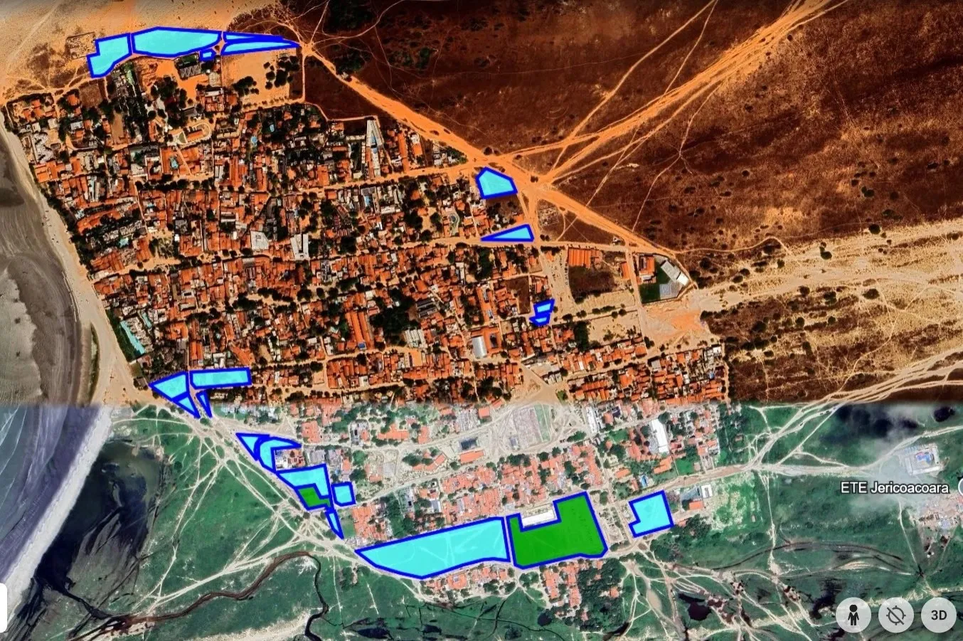Mapa da Vila de Jericoacoara. Áreas em azul são reivindicadas pela família de Iracema São Tiago; áreas em verde foram sinalizadas pelo Governo do Estado como de interesse público