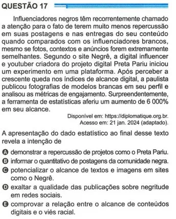 Questão com artigo do site Negrê retirada da Prova Azul
