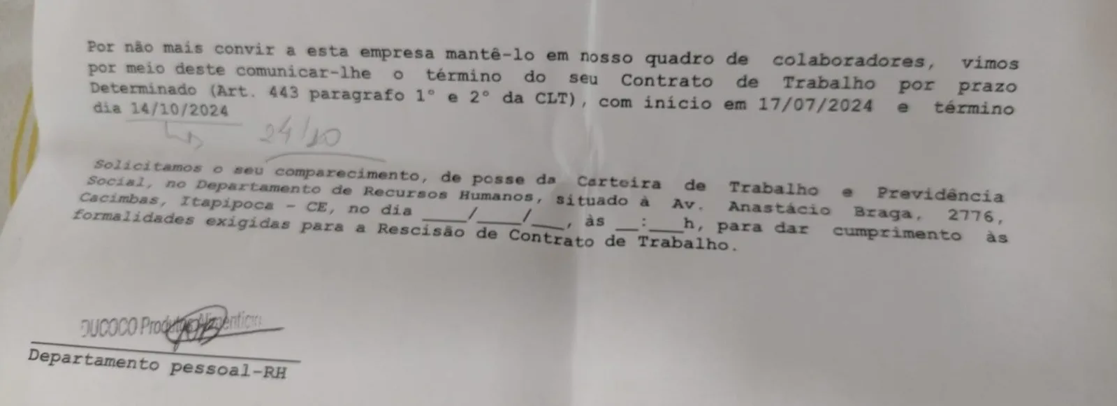 Em documento de demissão entregue para colaborador faltam data e horário para cumprimento das formalidades legais