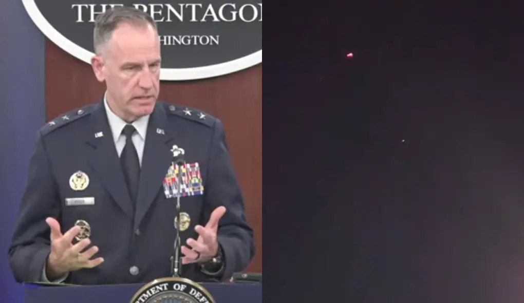 Montagem com duas imagens. À esquerda, o general de Brigada Patrick Ryder; à esquerda, imagem do vídeo que mostra UAPs vistos no Reino Unido