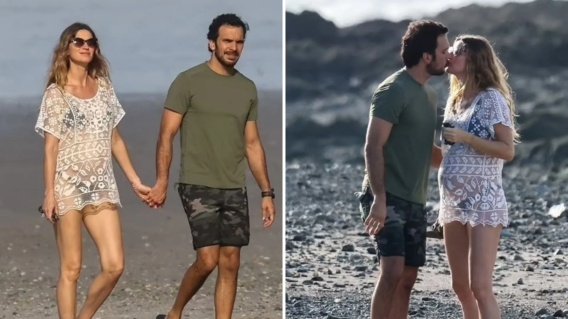 A modelo aparece com a barriga bem evidente durante o passeio ao usar um biquíni preto e uma saída de praia com transparência