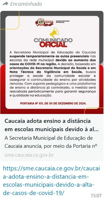 Comunicado chegou a ser publicado no site da SME e compartilhado nas redes sociais