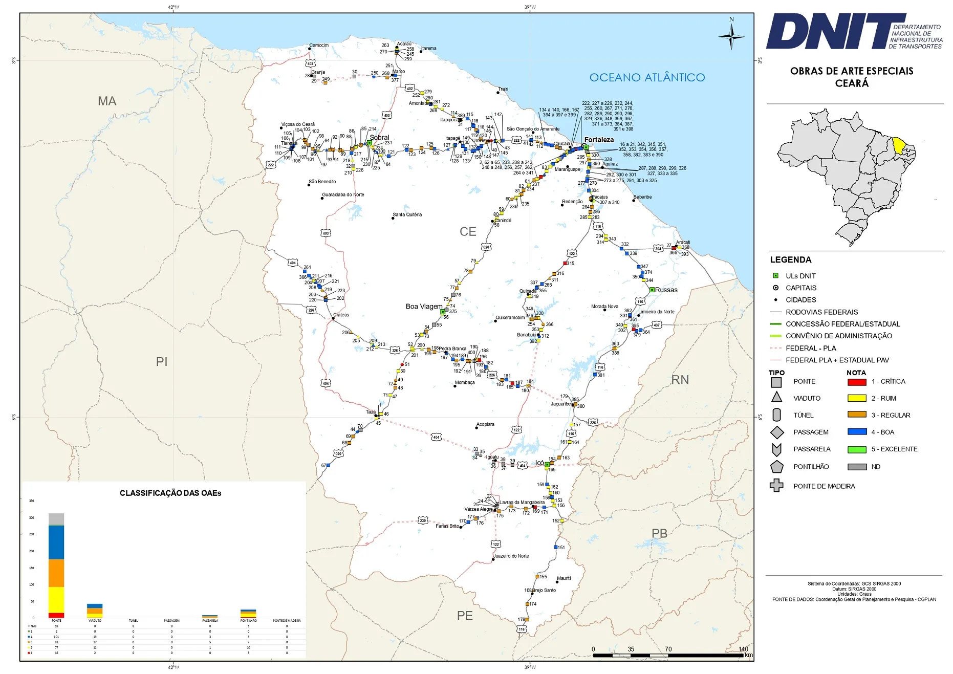 Mapa descreve situação de pontes, viadutos, túneis e passagens no Ceará