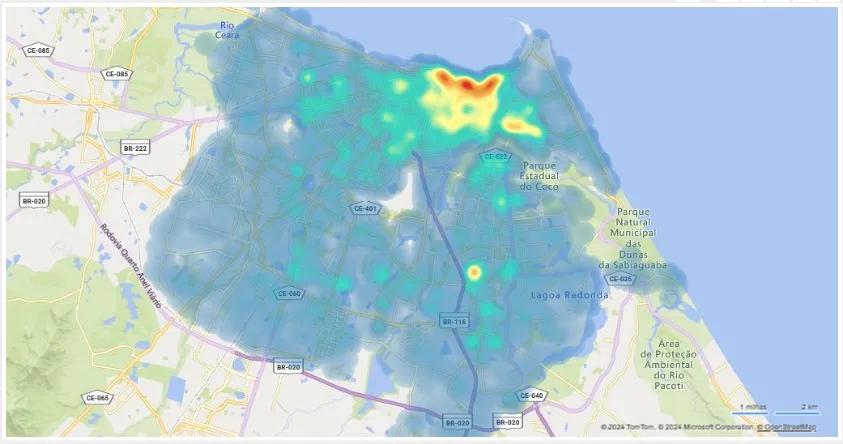 Mapa de calor de áreas com mais inadimplentes