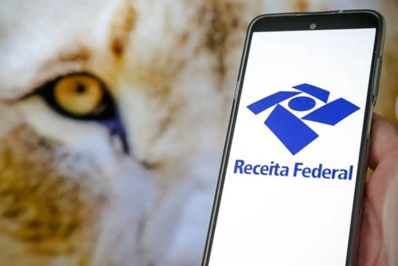 Foto mostra pessoa segurando celular na página da Receita Federal com um leão no plano de fundo