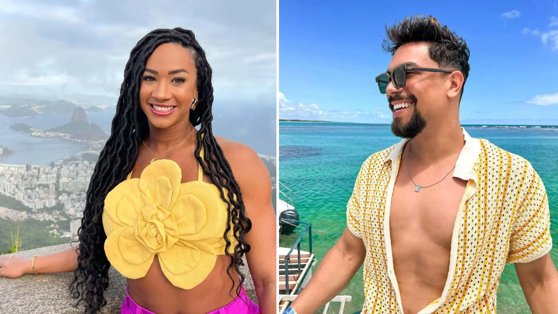 Imagem da notícia: Aline e Vinicius, dupla no BBB 25, têm amuleto da amizade; saiba mais sobre a policial militar e o promoter
