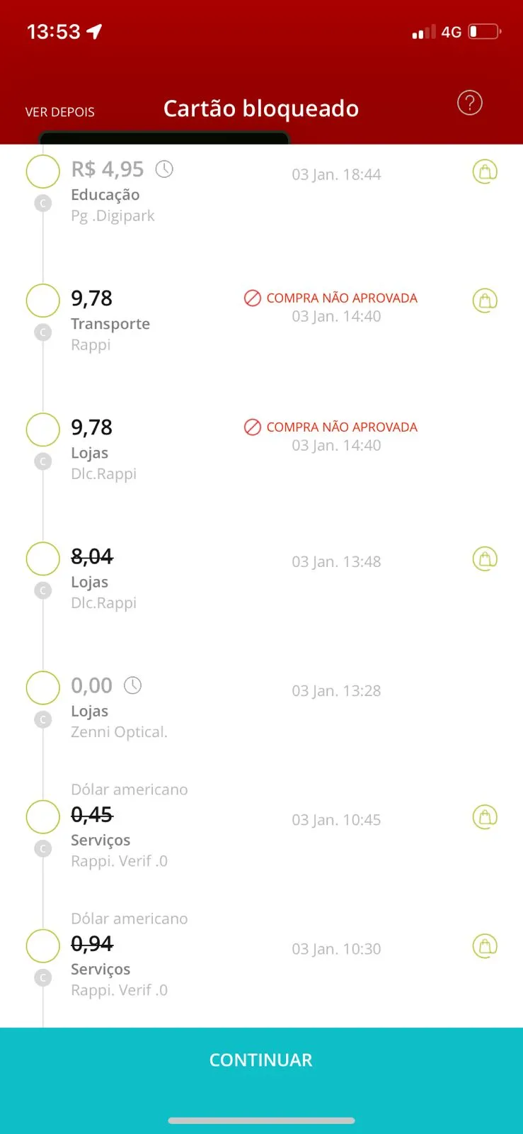 Tentativas de compra no cartão de crédito de uma das vítimas