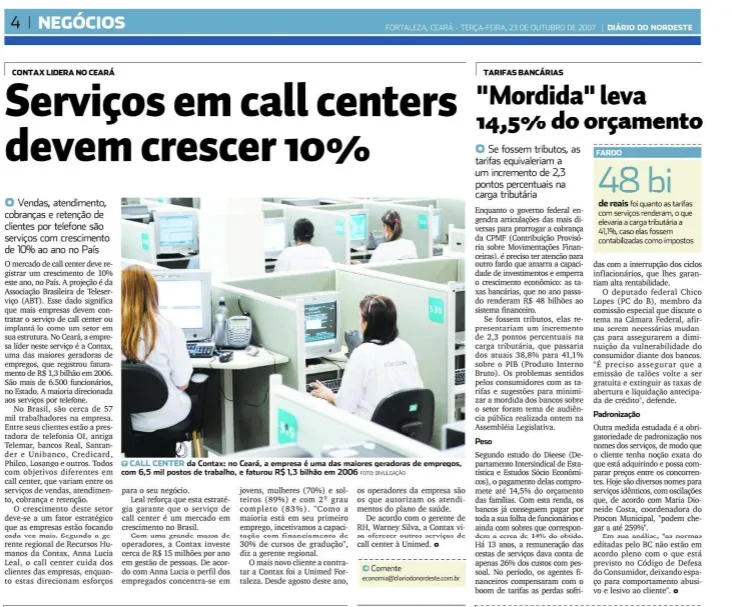 Matéria de 2007 mostra o crescimento o setor de teleatendimento no Ceará