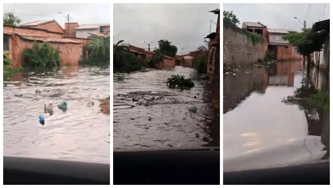 Imagem da notícia: Canal transborda na Granja Portugal e alaga ruas após fortes chuvas desta segunda-feira (17) em Fortaleza; vídeo