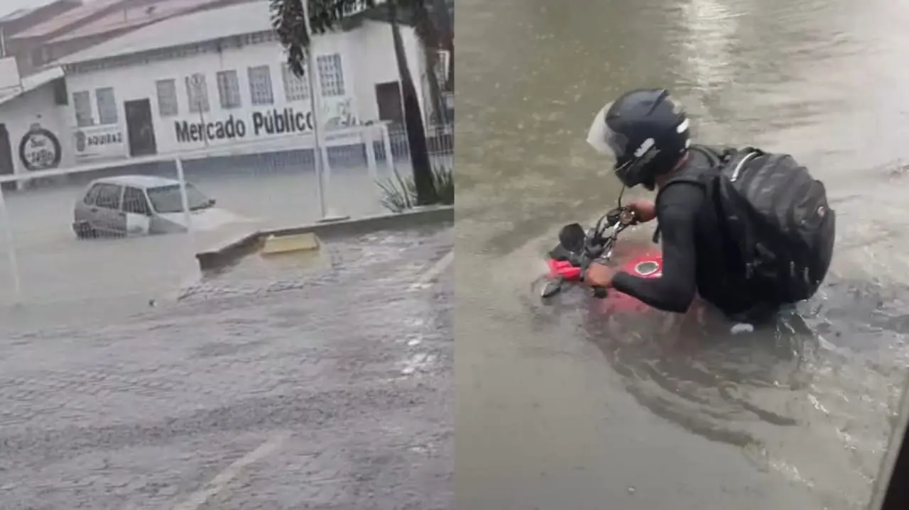 Imagem da notícia: Chuva de 172,4 mm em Aquiraz alaga ruas, cobre carros parcialmente e invade Mercado Público; assista 