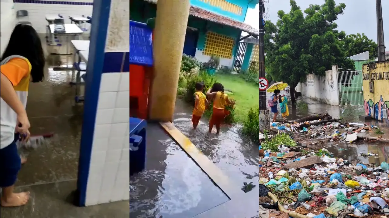 Imagem da notícia: De sala alagada a parede dando choque, chuva expõe problemas e afeta aulas em escolas municipais de Fortaleza; vídeo