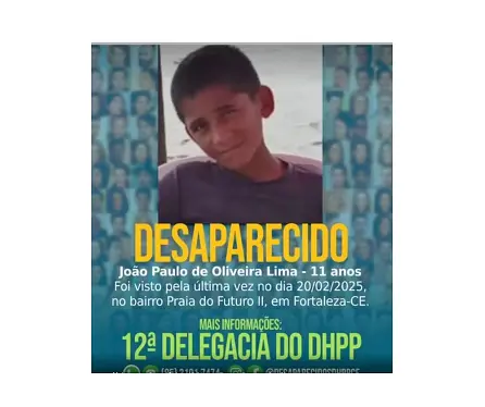 Imagem da notícia: Criança de 11 anos desaparece em Fortaleza após sair da escola
