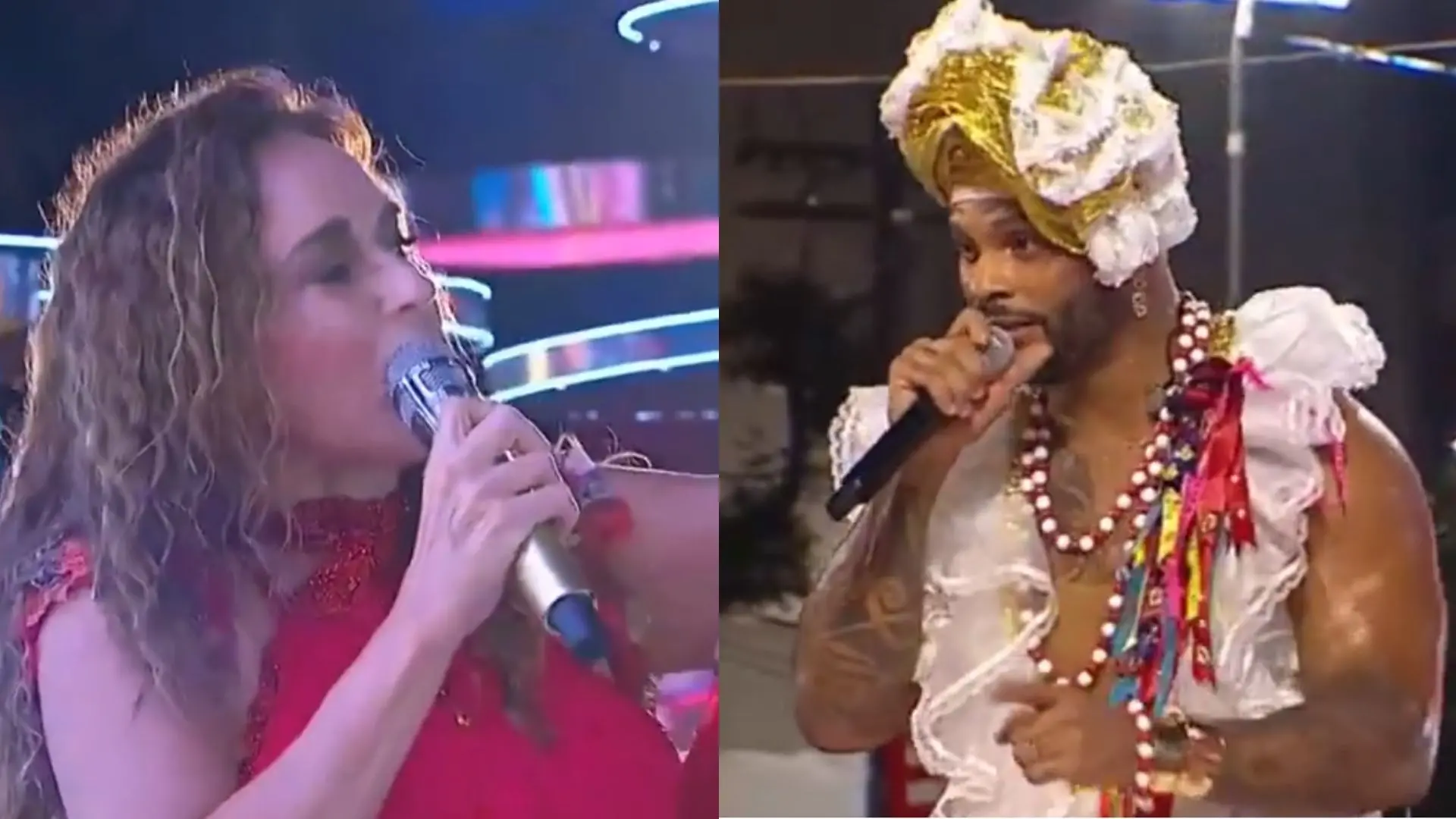 Cantores Daniela Mercury e Tony Salles se apresentando em um show ao vivo, com um deles vestindo trajes tradicionais e o outro em roupas de palco vibrantes. Performance envolvente e animada.