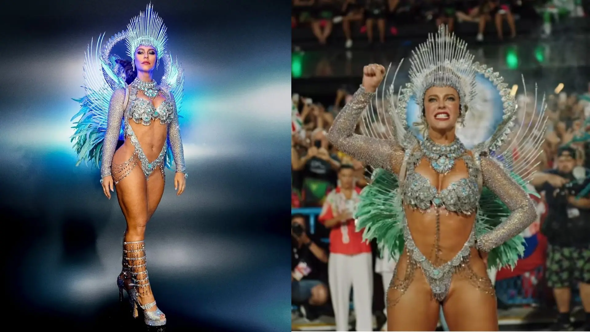 Paolla Oliveira em traje de carnaval exuberante, com plumas e brilhos, posando confiante e animada em um evento festivo, destacando a cultura brasileira.
