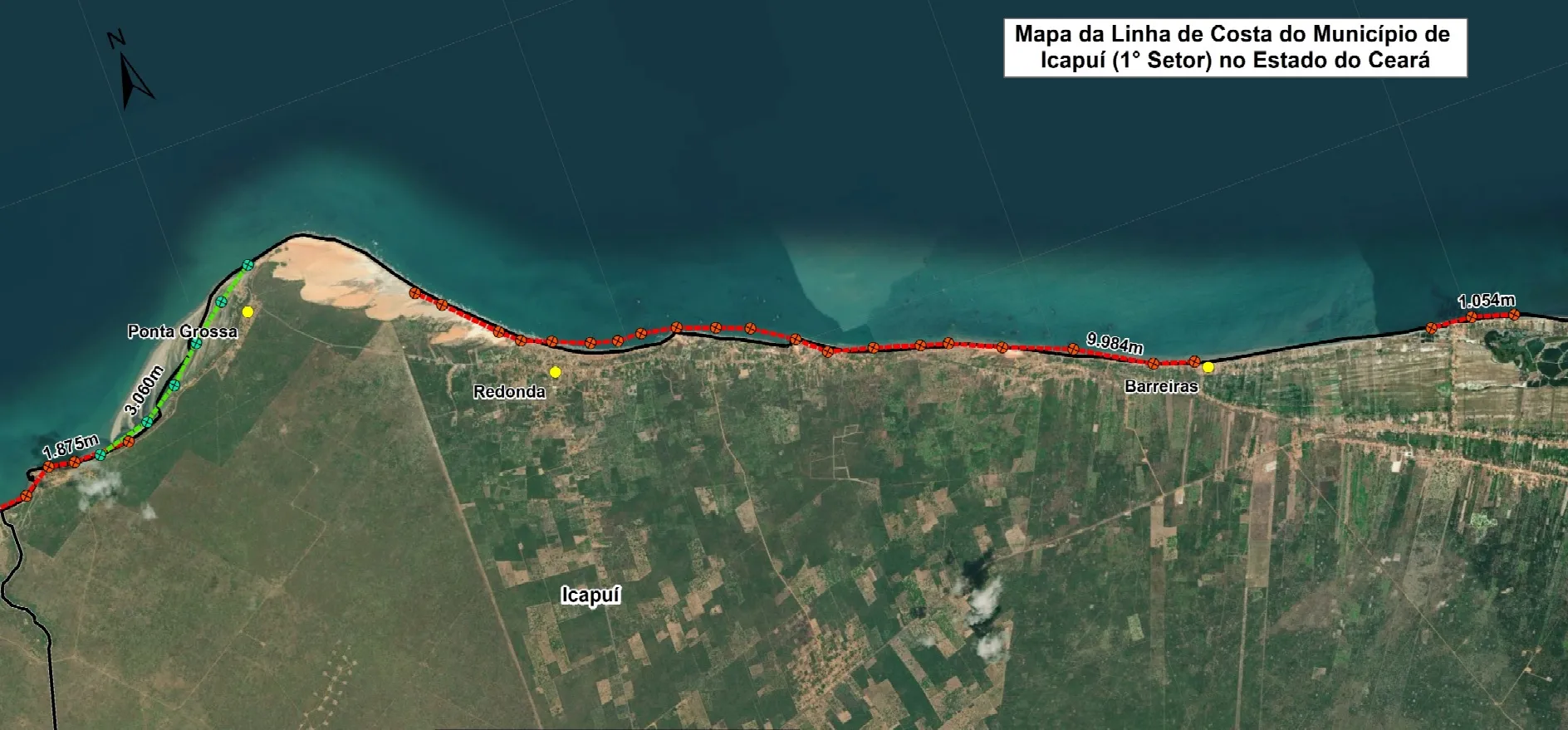 Mapa de Icapuí com áreas sujeitas à erosão costeira, em vermelho