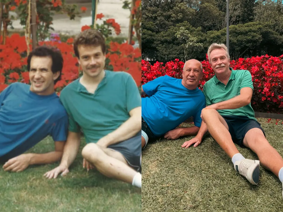 Toni Reis e David Harrad, respectivamente à esquerda e à direita, em foto de 1990 e de 2025: união além dos tempos