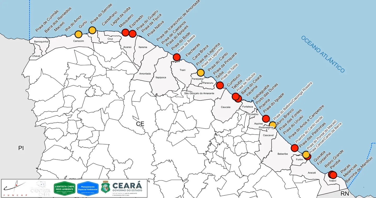 Mapa atualizado com os núcleos erosivos em praias cearenses
