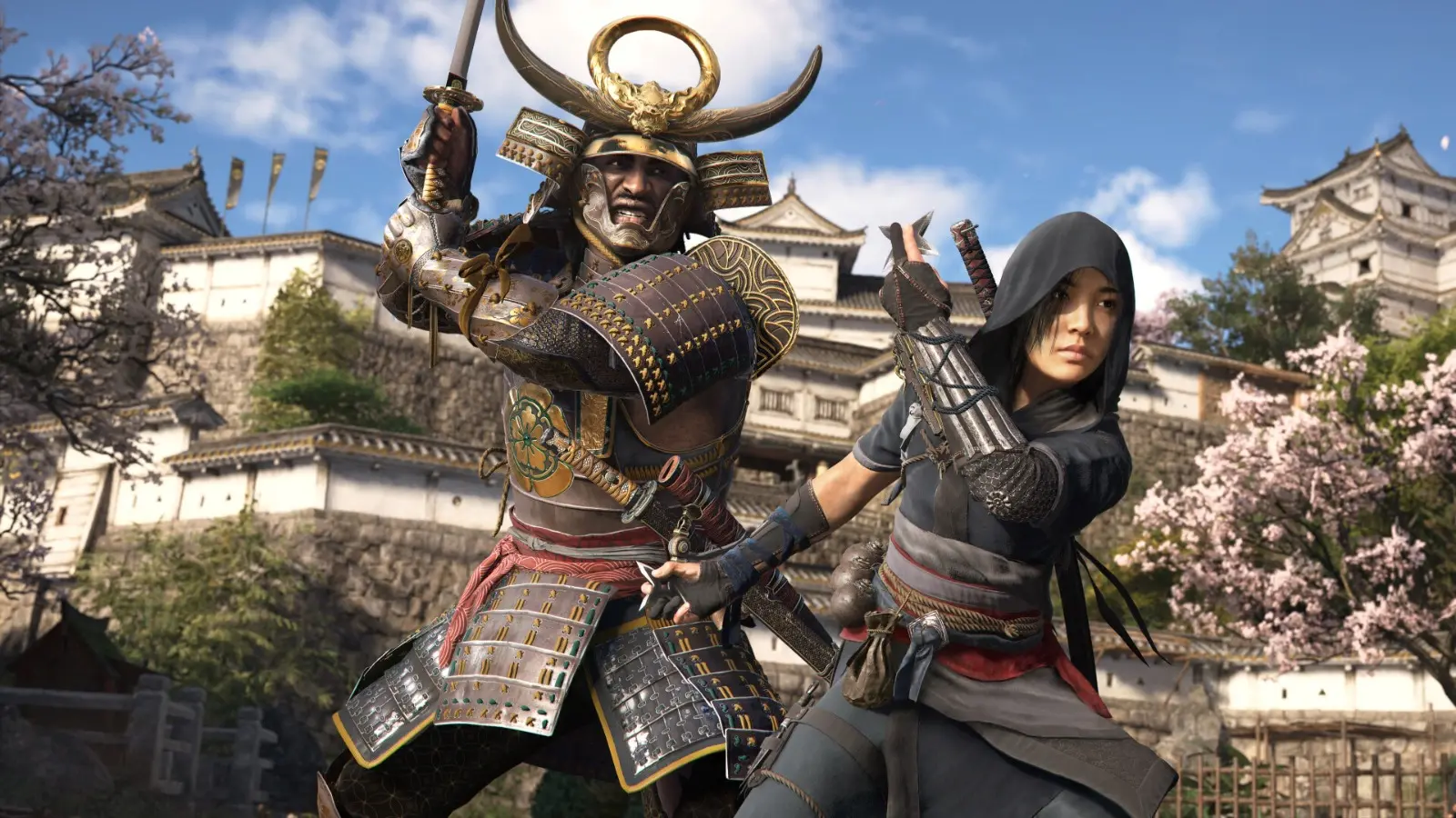 Cena de um jogo com samurais e ninjas, mostrando um lutador samurai armado e uma personagem ninja com um cenário de castelo japonês ao fundo.