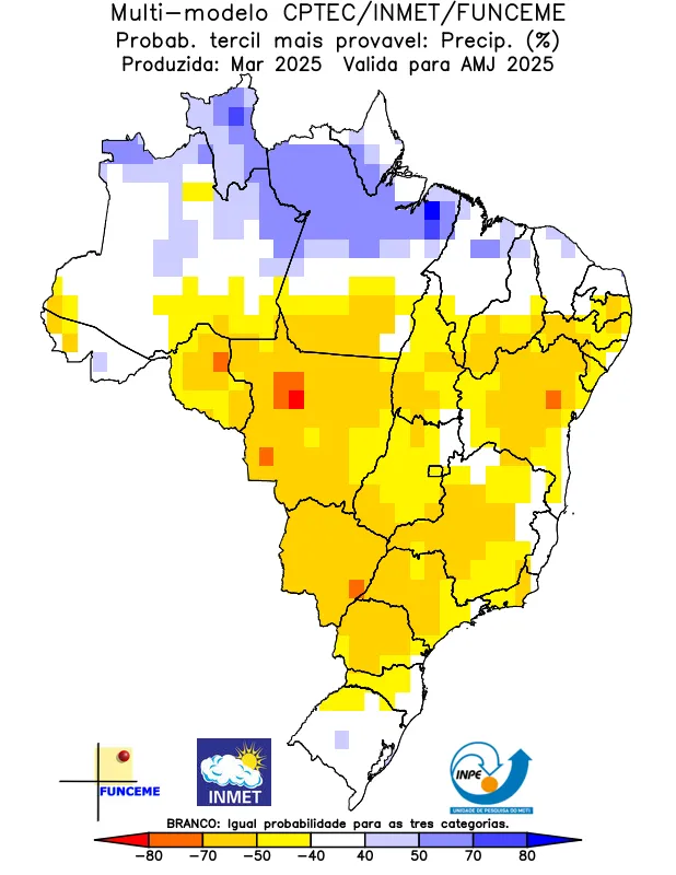 Regiões em azul tendem a ter chuvas acima do normal, enquanto áreas em amarelo devem vivenciar redução