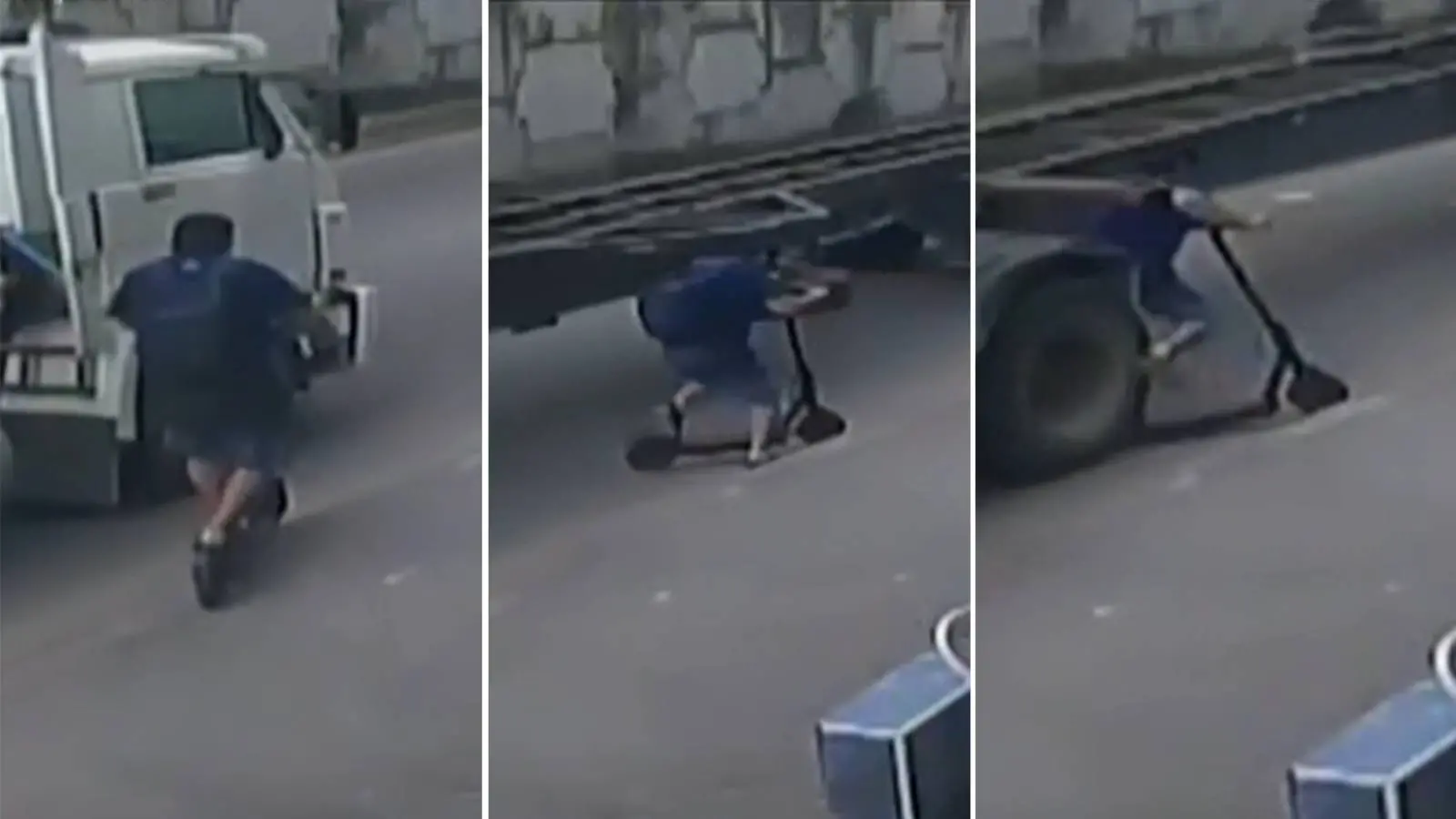 Colagem de três imagens mostram capturas do vídeo que flagrou momento que professor em patinete se desequilibra e é atropelado por caminhão, em Paranaguá. Professor morre atropelado por caminhão após cair de patinete no Paraná; veja vídeo