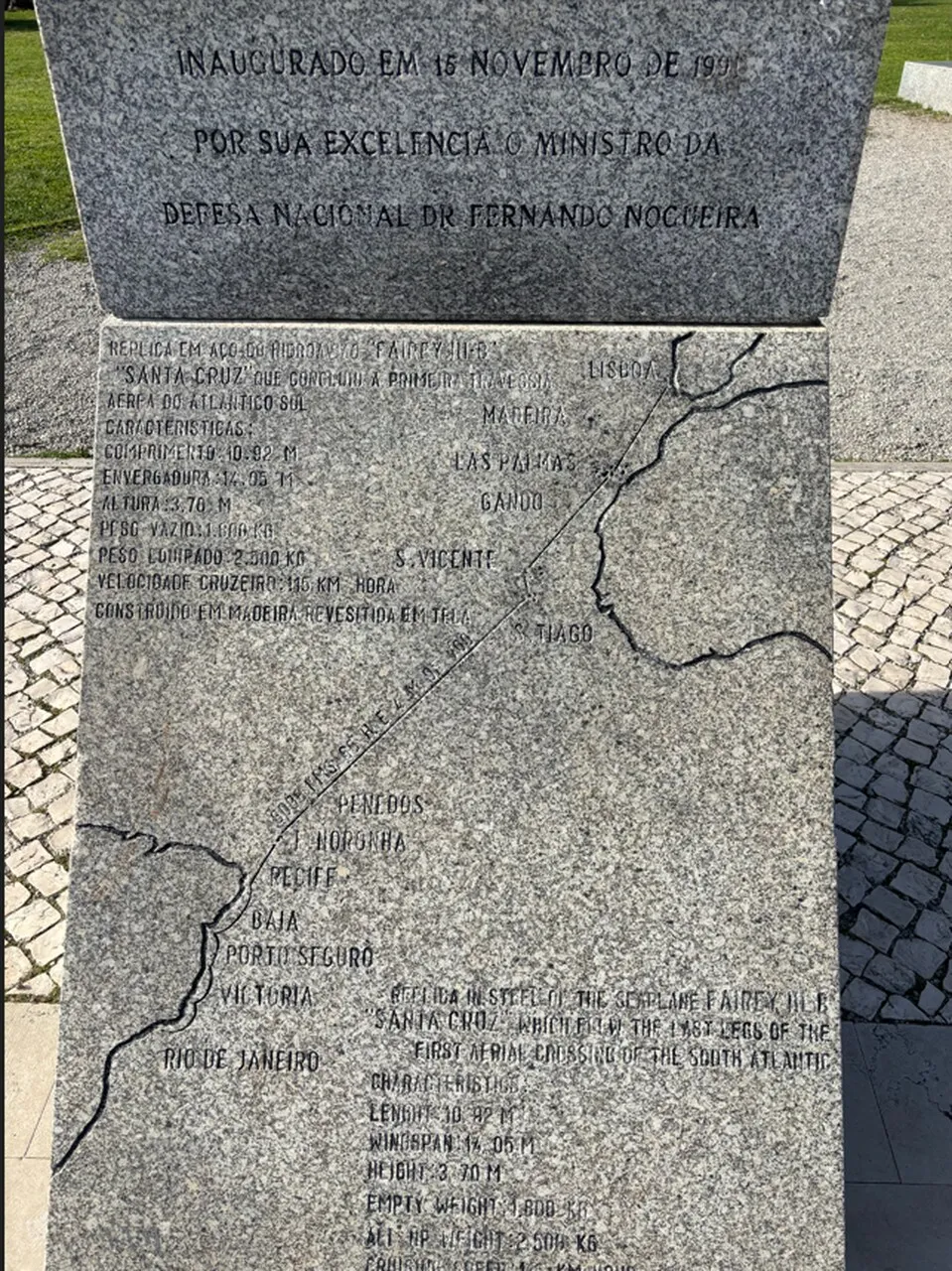 Trajeto utilizado na 1ª Travessia do Atlântico Sul (Monumento em Belém)