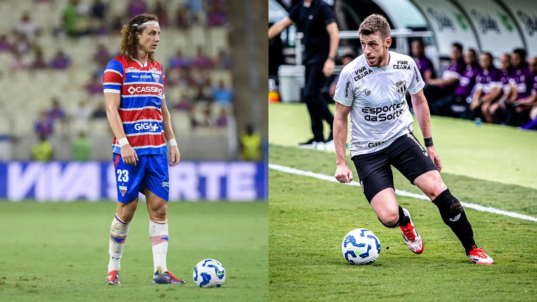 Montagem de fotos de David Luiz, jogador do Fortaleza, e Aylon, jogador do Ceará, durante partidas da Série A do Brasileirão 2025