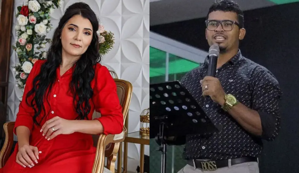 Montagem de fotos mostra Sara Mariano à esquerda e Gideão à direita, para matéria sobre acusado de envolvimento na morte da pastora ir a júri popular