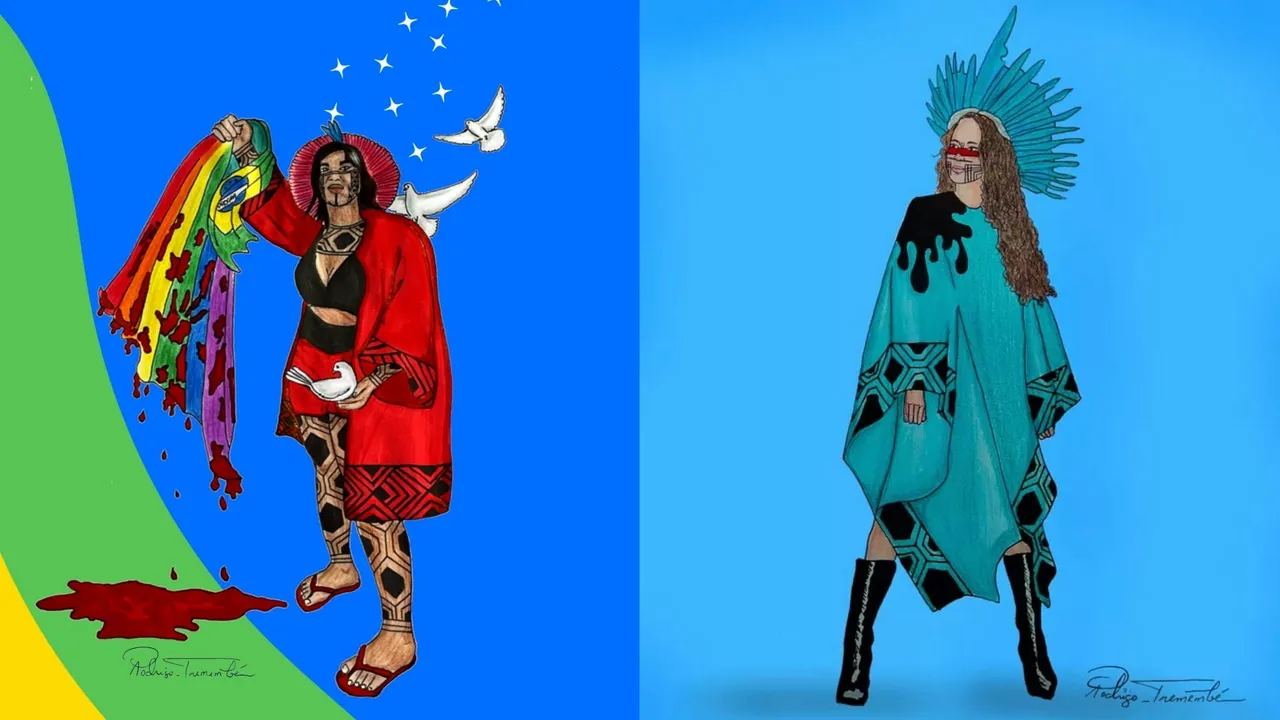 Croquis de Rodrigo representam pessoas indígenas; nas imagens, desenhos inspirados em Jayza Tremembé e Alice Pataxó
