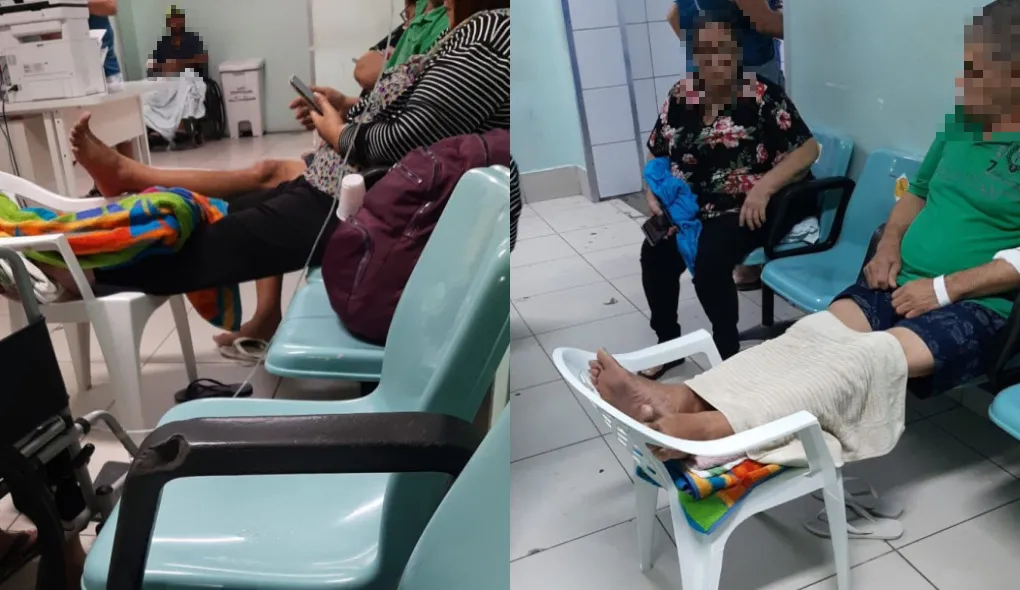 Pacientes improvisam acolchoamentos em cadeiras de plástico para descansar os pés
