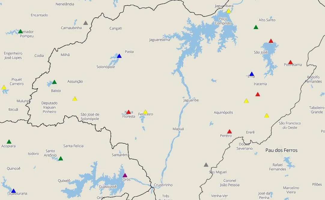 Mapa detalha ligação entre o Orós (abaixo) e o Castanhão (acima) por meio do Rio Jaguaribe