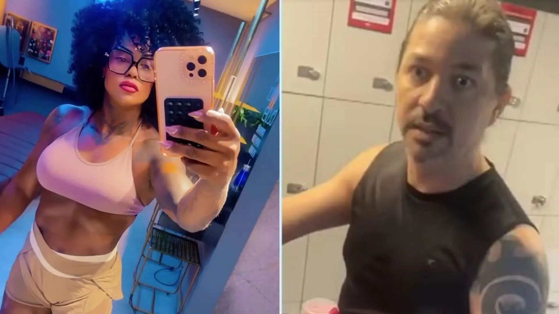 Imagem de duas pessoas, uma mulher fitness com cabelo cacheado e óculos, e um homem em um ambiente de academia ou vestiário, ambos posando para fotos.